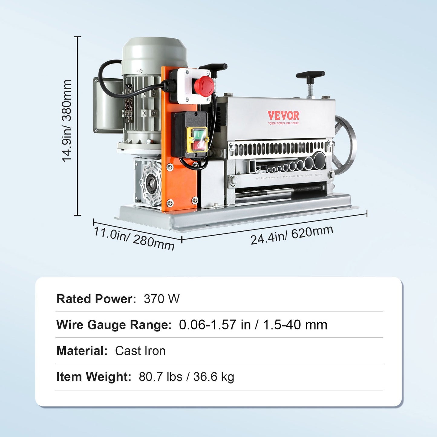 Automatic Wire Stripping Machine, 1.5 mm-40 mm Electric Motorized Cable Stripper, 370W, 26.8 m/min Wire Peeler with An Extra Manual Crank, 11 Channels for Scrap Copper Recycling