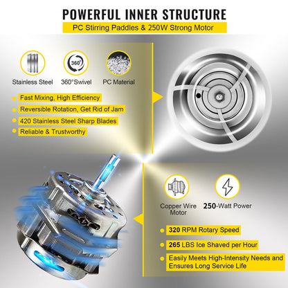 Schneekegelmaschine 265 lbs (120 kg) Gewerblicher Eiscrusher 220 V 50 Hz Eiscrusher-Maschine Schneeflocken Edelstahl Lebensmittelqualität für Küche Hausbars