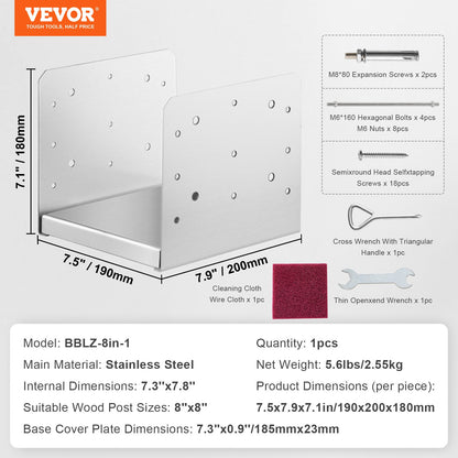 203.2x203.2mm Post Base, 1Pcs Stainless Steel Adjustable Post Anchor Bracket(Internal 198 x 185), Adjustable Post Base for Pavilion Deck Porch Handrail Railing Support Decorative Anchor Plate