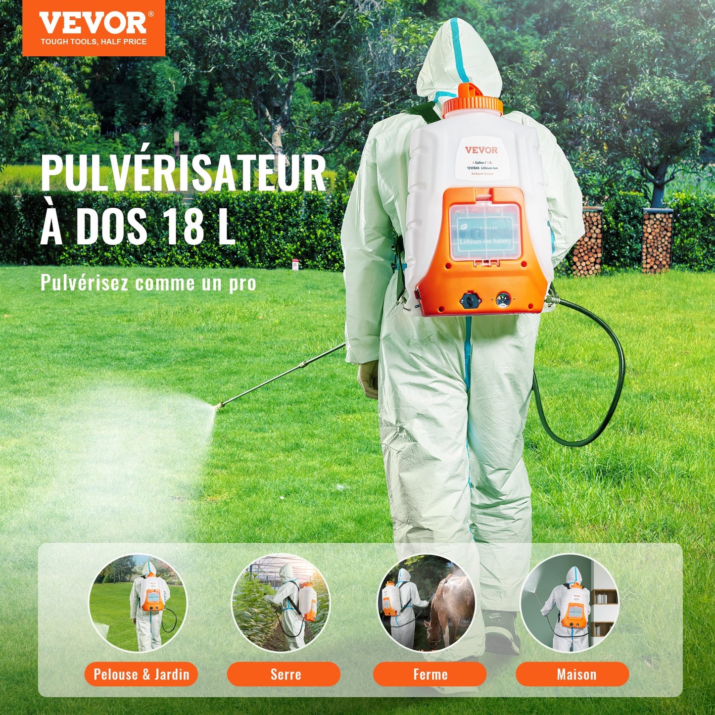 Akkubetriebenes Rückensprühgerät, 15,1-Liter-Tank, einstellbarer Druck von 0–90 PSI