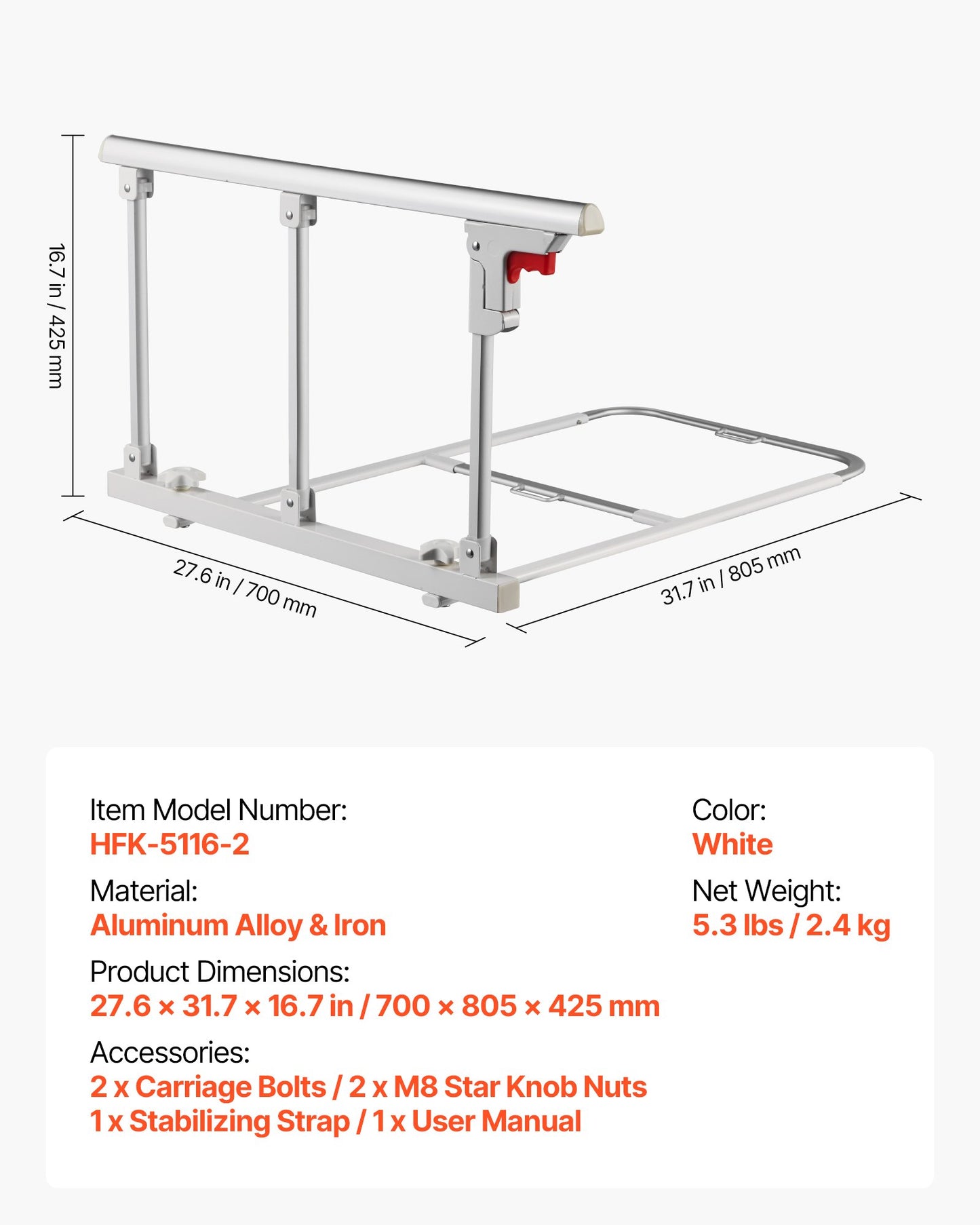 Klappbares Bettgitter für Senioren, 70 cm hohes Bettgitter mit Befestigungsgurt, höhenverstellbarer Bettstock aus Metall, robustes Metall-Bettgitter für Senioren, Handschutz passend für Kingsize-, Queensize-, Doppel- und Einzelbetten