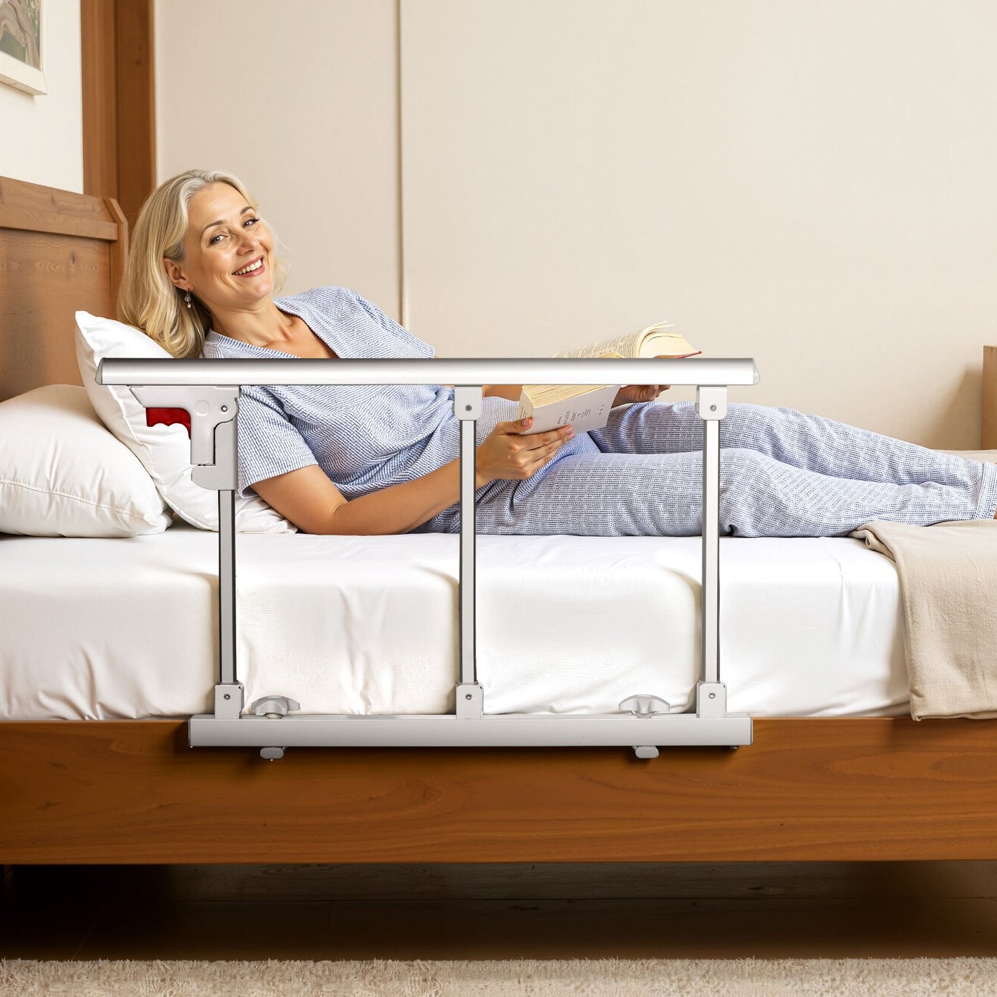 Klappbares Bettgitter für Senioren, 70 cm hohes Bettgitter mit Befestigungsgurt, höhenverstellbarer Bettstock aus Metall, robustes Metall-Bettgitter für Senioren, Handschutz passend für Kingsize-, Queensize-, Doppel- und Einzelbetten
