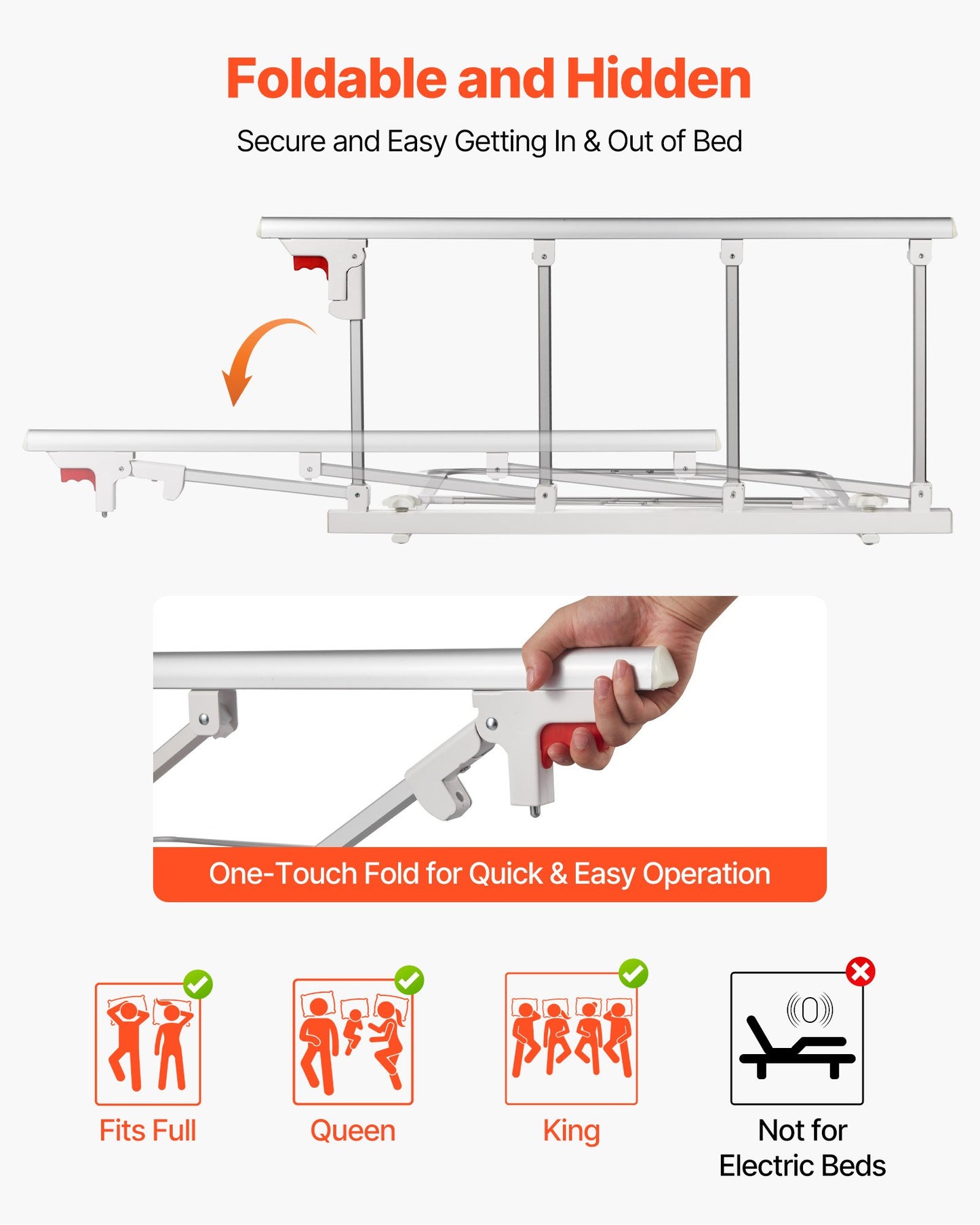 Klappbares Bettgitter für Senioren, 97 cm hohes Bettgitter mit Befestigungsgurt, höhenverstellbarer Bettstock aus Metall, robustes Metall-Bettgitter für Senioren, Handschutz passend für Kingsize-, Queensize-, Doppel- und Einzelbetten