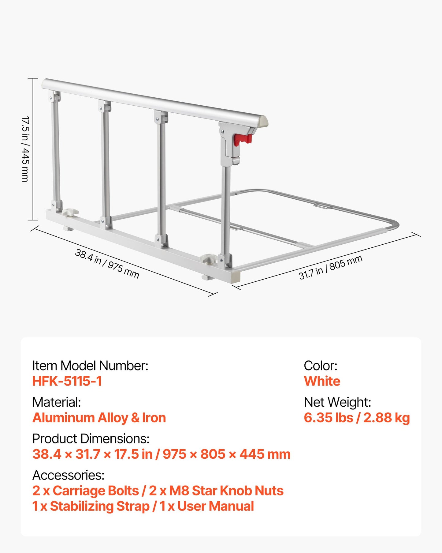 Klappbares Bettgitter für Senioren, 97 cm hohes Bettgitter mit Befestigungsgurt, höhenverstellbarer Bettstock aus Metall, robustes Metall-Bettgitter für Senioren, Handschutz passend für Kingsize-, Queensize-, Doppel- und Einzelbetten