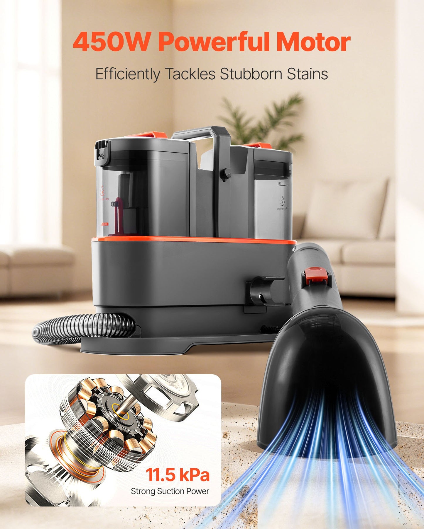 Teppichreinigungsgerät, 1,5-Liter-Frischwassertank &amp; 0,8-Liter-Schmutzwassertank, tragbarer Polsterreiniger, 11,5 kPa Hand-Möbelreinigungsgerät, Flecken- und Tiefenreiniger für Teppiche, Sofas und Autos