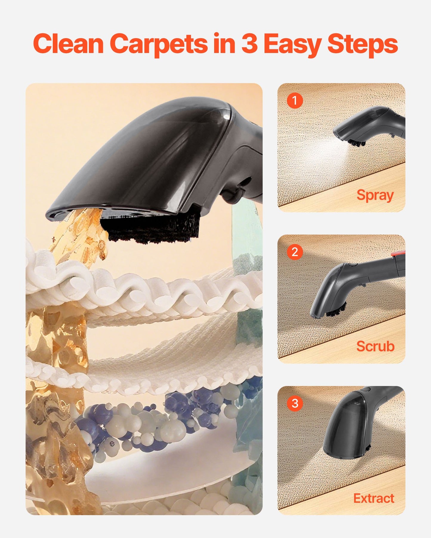 Teppichreinigungsgerät, 1,5-Liter-Frischwassertank &amp; 0,8-Liter-Schmutzwassertank, tragbarer Polsterreiniger, 11,5 kPa Hand-Möbelreinigungsgerät, Flecken- und Tiefenreiniger für Teppiche, Sofas und Autos
