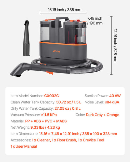 Teppichreinigungsgerät, 1,5-Liter-Frischwassertank &amp; 0,8-Liter-Schmutzwassertank, tragbarer Polsterreiniger, 11,5 kPa Hand-Möbelreinigungsgerät, Flecken- und Tiefenreiniger für Teppiche, Sofas und Autos