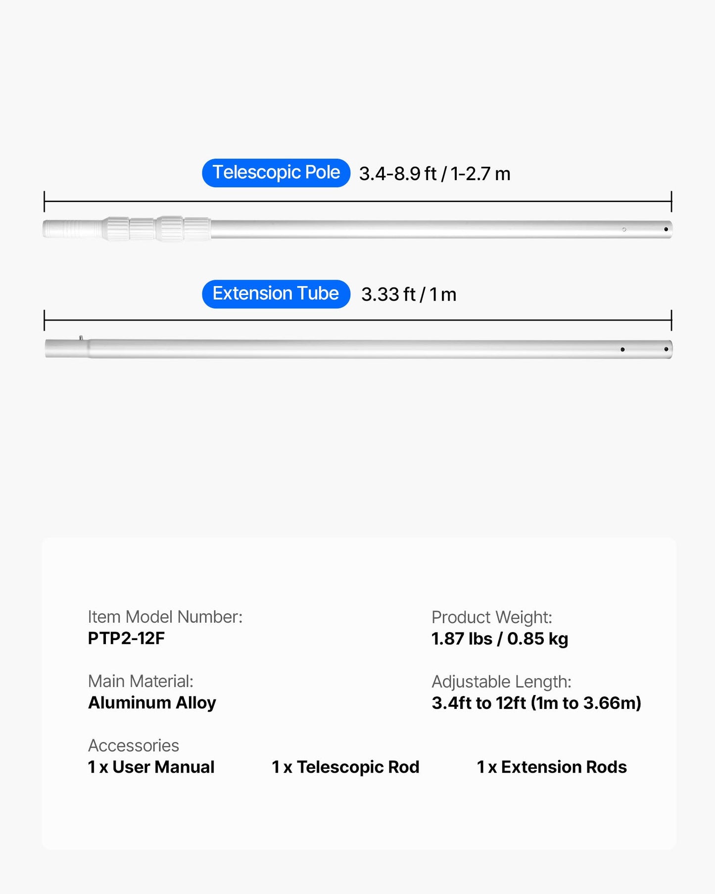 Poolstange, 1 bis 3,65 mm Teleskopstange zur Poolreinigung, professionelle verstellbare Teleskopstange mit Verlängerungsstange, robuster Reinigungsstab für Skimmer, Kescher, Bürste und Saugkopf