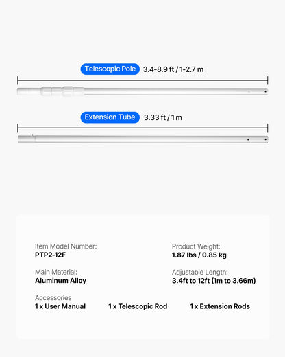Poolstange, 1 bis 3,65 mm Teleskopstange zur Poolreinigung, professionelle verstellbare Teleskopstange mit Verlängerungsstange, robuster Reinigungsstab für Skimmer, Kescher, Bürste und Saugkopf