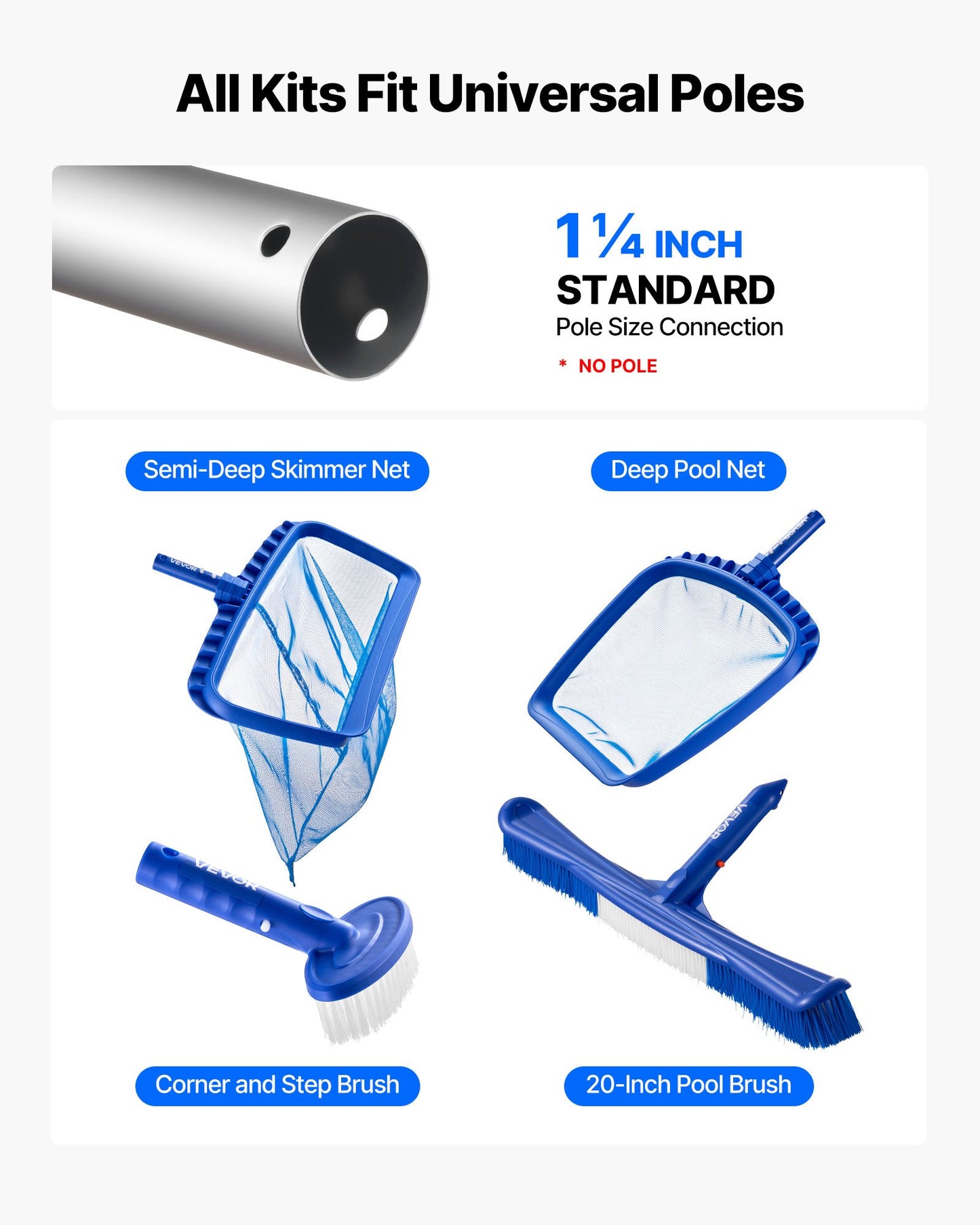 Schwimmbadreinigungsset, inklusive 2 abnehmbarer Bürstenköpfe (508 mm / 139,7 mm) und 2 Poolskimmernetzen, 4-in-1-Reinigungsset für eingelassene/aufstellbare Pools, für Laub, feines Netz, ohne Stangen