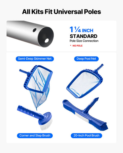 Schwimmbadreinigungsset, inklusive 2 abnehmbarer Bürstenköpfe (508 mm / 139,7 mm) und 2 Poolskimmernetzen, 4-in-1-Reinigungsset für eingelassene/aufstellbare Pools, für Laub, feines Netz, ohne Stangen