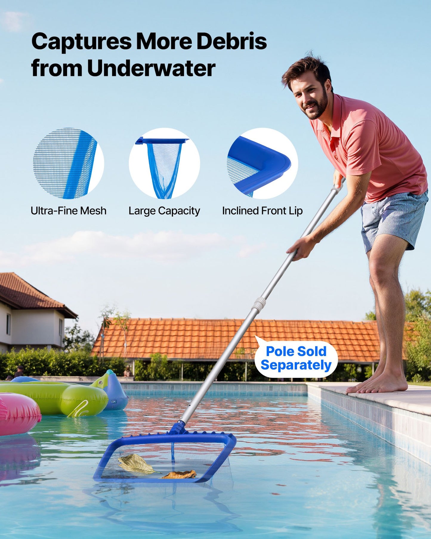 Schwimmbadreinigungsset, inklusive 2 abnehmbarer Bürstenköpfe (508 mm / 139,7 mm) und 2 Poolskimmernetzen, 4-in-1-Reinigungsset für eingelassene/aufstellbare Pools, für Laub, feines Netz, ohne Stangen