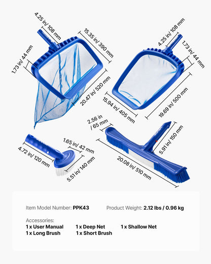 Schwimmbadreinigungsset, inklusive 2 abnehmbarer Bürstenköpfe (508 mm / 139,7 mm) und 2 Poolskimmernetzen, 4-in-1-Reinigungsset für eingelassene/aufstellbare Pools, für Laub, feines Netz, ohne Stangen