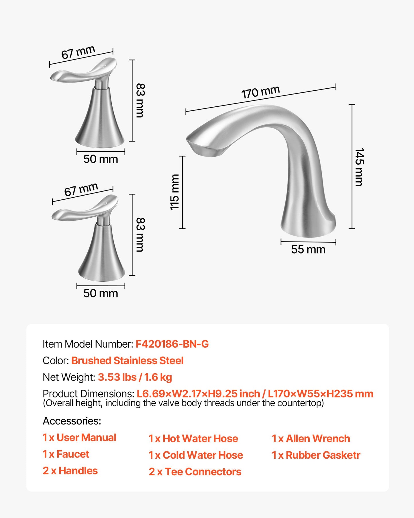 Römische Badewannenarmatur, 3-Loch-Wasserfallarmatur, Schwanenhals-Badewannenarmatur-Set mit 2 Griffen, Aufsatz-Badewannenarmatur-Set für Babypflege und Erwachsene, gebürsteter Edelstahl, hoher Auslauf