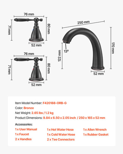Römische Badewannenarmatur, Schwanenhals-Badewannenarmatur-Set mit 2 Griffen, römische Badewannenarmatur zur Deckmontage für Babypflege und Baden von Erwachsenen, 3-Loch-Wasserfall-Badewannenarmatur, Bronze, Hochbogen-Auslauf
