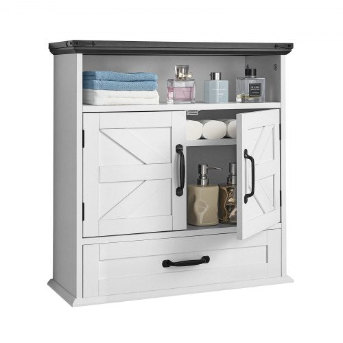 Wandschrank fürs Badezimmer, 2 Türen &amp; verstellbarer Einlegeboden, Wandmontierter Medizinschrank über der Toilette, Hängeorganizer mit Schublade &amp; offenem Fach für Waschküche, Küche, WC, Weiß