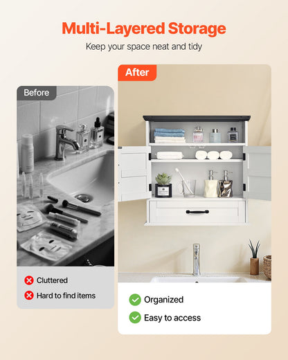 Wandschrank fürs Badezimmer, 2 Türen &amp; verstellbarer Einlegeboden, Wandmontierter Medizinschrank über der Toilette, Hängeorganizer mit Schublade &amp; offenem Fach für Waschküche, Küche, WC, Weiß