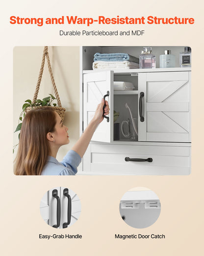 Wandschrank fürs Badezimmer, 2 Türen &amp; verstellbarer Einlegeboden, Wandmontierter Medizinschrank über der Toilette, Hängeorganizer mit Schublade &amp; offenem Fach für Waschküche, Küche, WC, Weiß