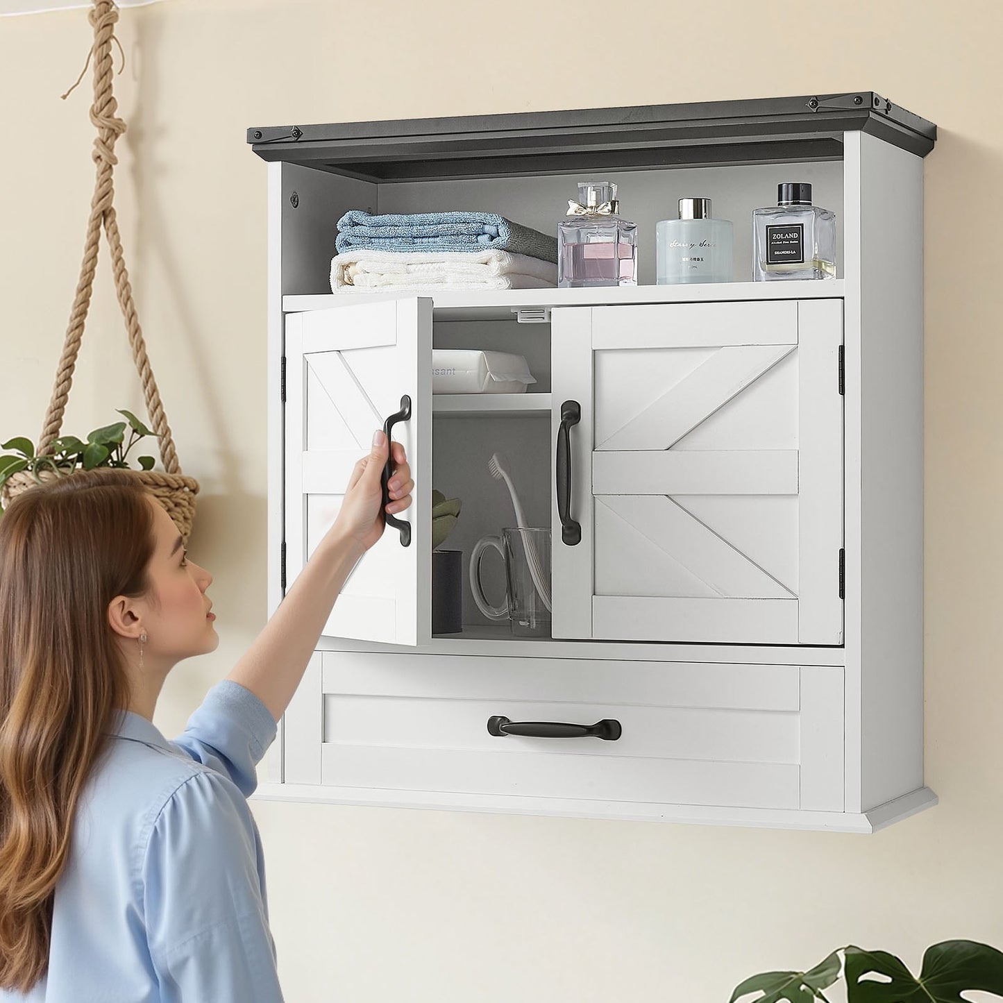 Wandschrank fürs Badezimmer, 2 Türen &amp; verstellbarer Einlegeboden, Wandmontierter Medizinschrank über der Toilette, Hängeorganizer mit Schublade &amp; offenem Fach für Waschküche, Küche, WC, Weiß