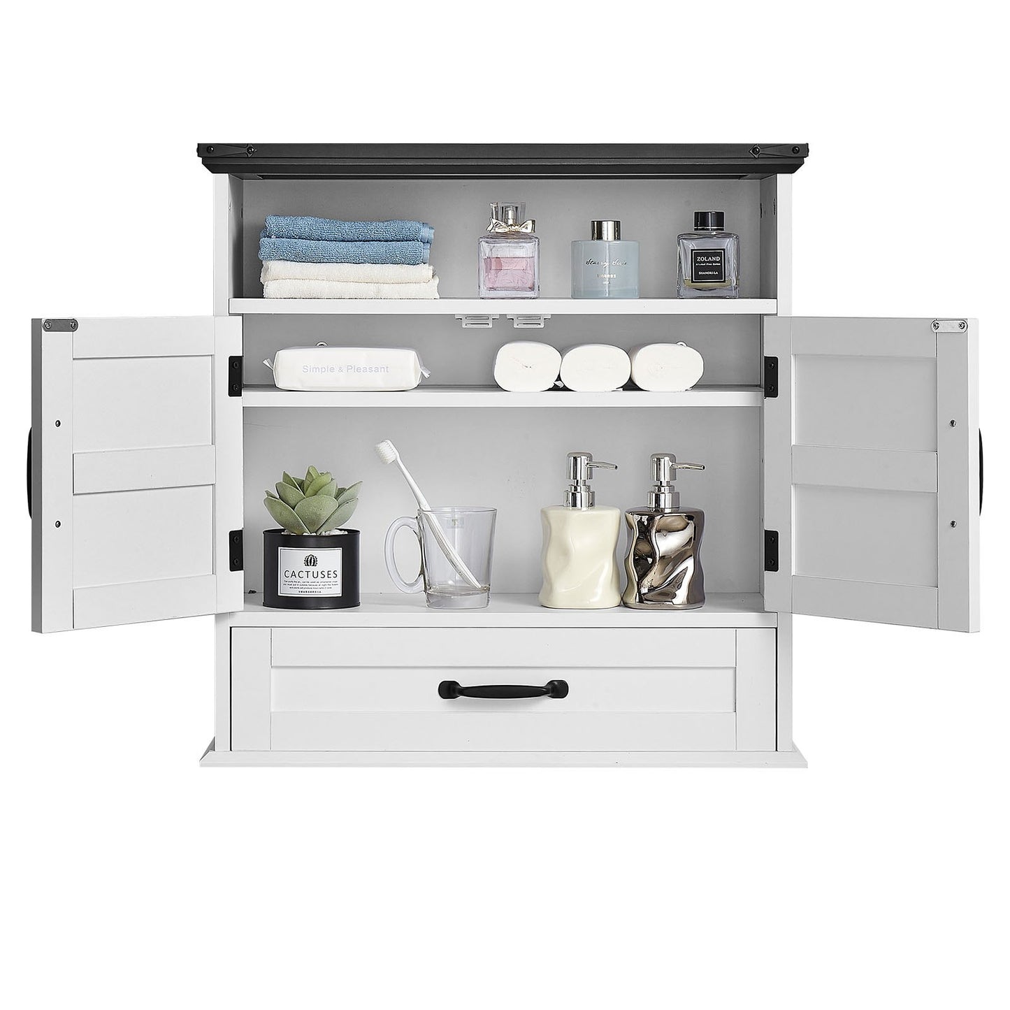 Wandschrank fürs Badezimmer, 2 Türen &amp; verstellbarer Einlegeboden, Wandmontierter Medizinschrank über der Toilette, Hängeorganizer mit Schublade &amp; offenem Fach für Waschküche, Küche, WC, Weiß