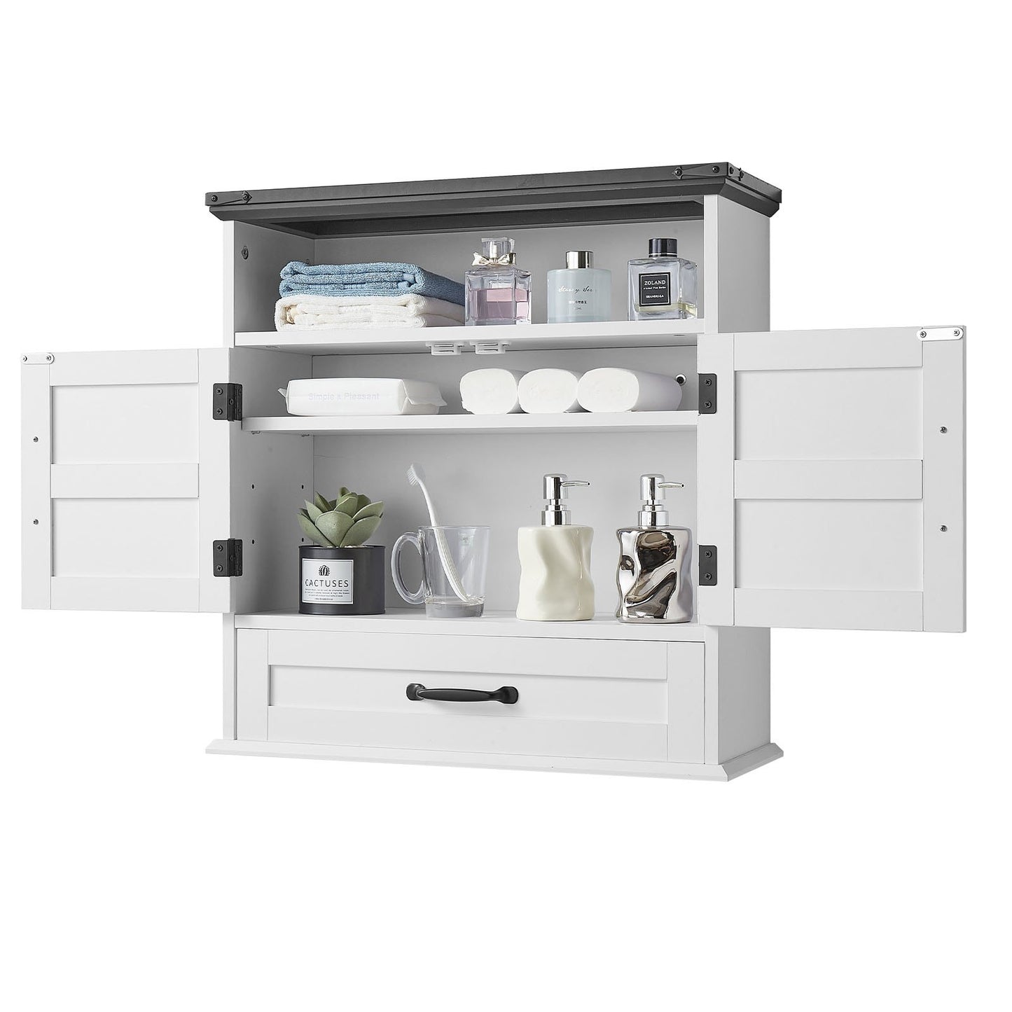 Wandschrank fürs Badezimmer, 2 Türen &amp; verstellbarer Einlegeboden, Wandmontierter Medizinschrank über der Toilette, Hängeorganizer mit Schublade &amp; offenem Fach für Waschküche, Küche, WC, Weiß