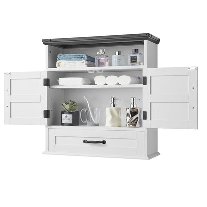 Wandschrank fürs Badezimmer, 2 Türen &amp; verstellbarer Einlegeboden, Wandmontierter Medizinschrank über der Toilette, Hängeorganizer mit Schublade &amp; offenem Fach für Waschküche, Küche, WC, Weiß