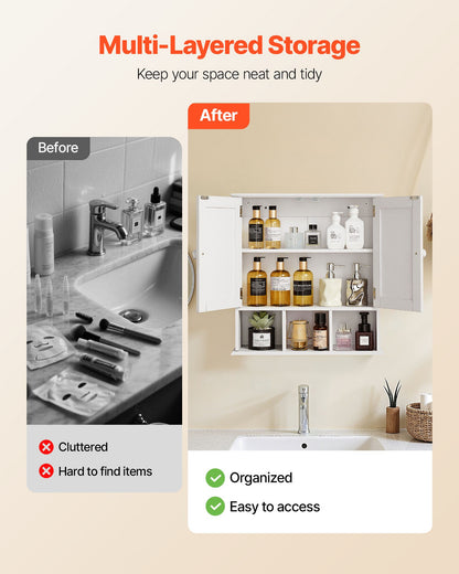 Bathroom Wall Cabinet, 2 Doors & Adjustable Shelf, Over the Toilet Storage Medicine Cabinet Wall Mounted, Hanging Organizer with Shelves & Open Partition for Laundry Room Kitchen Restroom, White