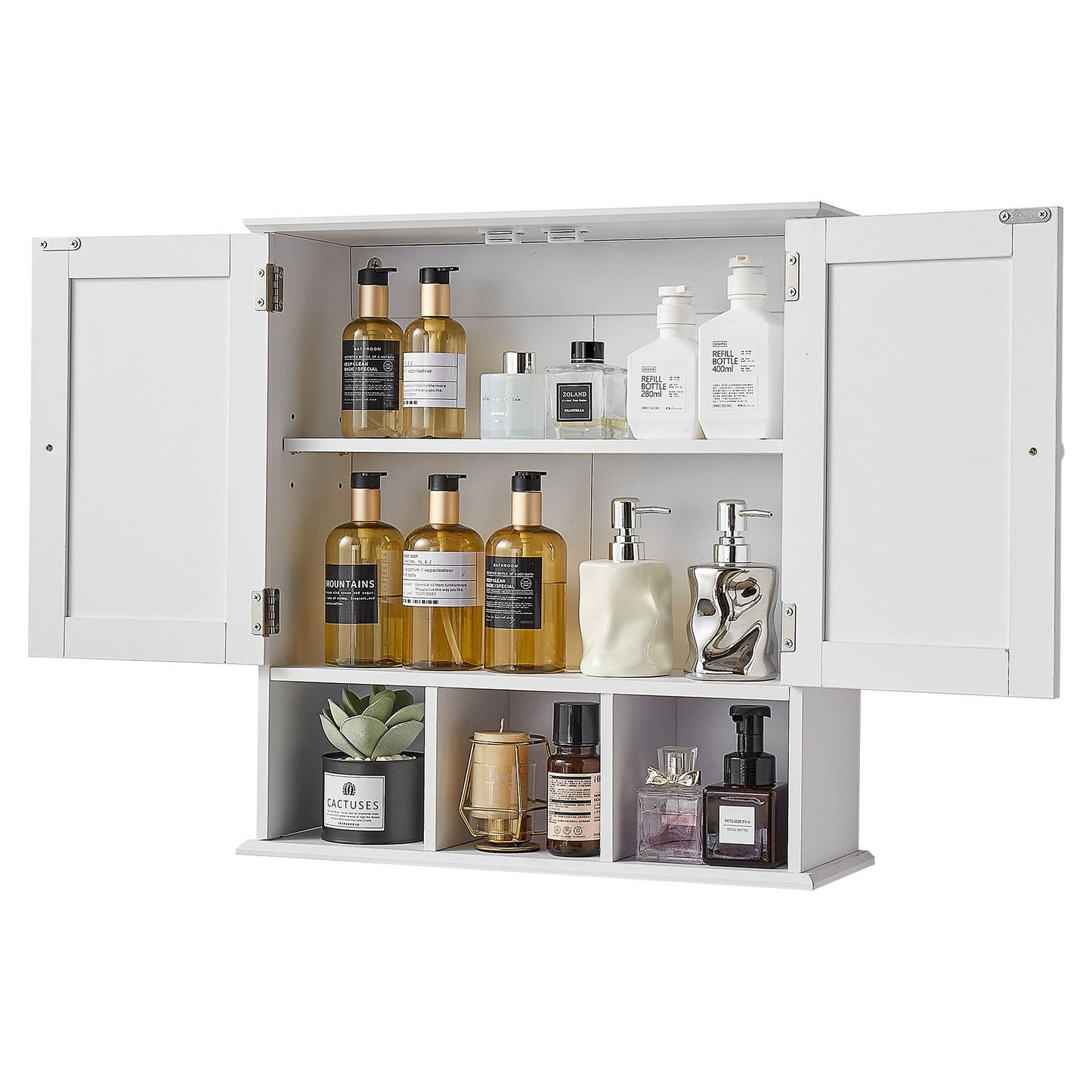 Bathroom Wall Cabinet, 2 Doors & Adjustable Shelf, Over the Toilet Storage Medicine Cabinet Wall Mounted, Hanging Organizer with Shelves & Open Partition for Laundry Room Kitchen Restroom, White
