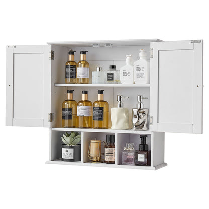 Bathroom Wall Cabinet, 2 Doors & Adjustable Shelf, Over the Toilet Storage Medicine Cabinet Wall Mounted, Hanging Organizer with Shelves & Open Partition for Laundry Room Kitchen Restroom, White