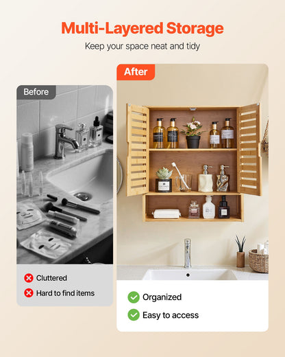 Badezimmer-Wandschrank mit 2 Türen und verstellbarem Einlegeboden, Wandmontierter Medizinschrank über der Toilette, Hängeorganizer mit Regalen und offener Trennwand für Waschküche, Küche und WC