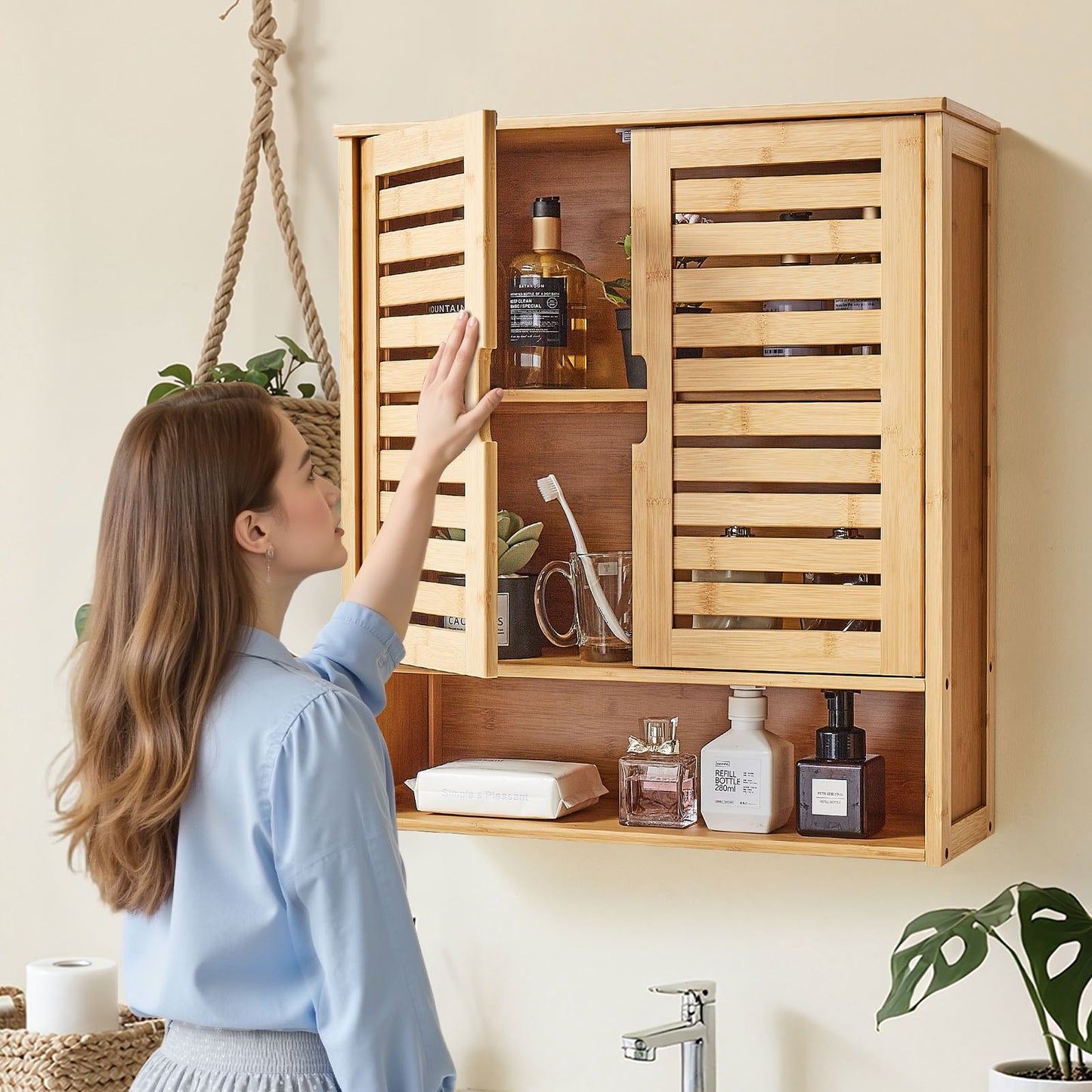 Badezimmer-Wandschrank mit 2 Türen und verstellbarem Einlegeboden, Wandmontierter Medizinschrank über der Toilette, Hängeorganizer mit Regalen und offener Trennwand für Waschküche, Küche und WC