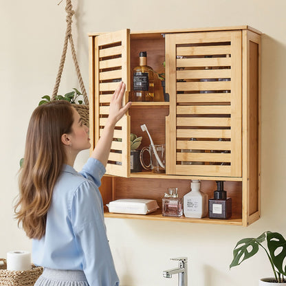 Badezimmer-Wandschrank mit 2 Türen und verstellbarem Einlegeboden, Wandmontierter Medizinschrank über der Toilette, Hängeorganizer mit Regalen und offener Trennwand für Waschküche, Küche und WC