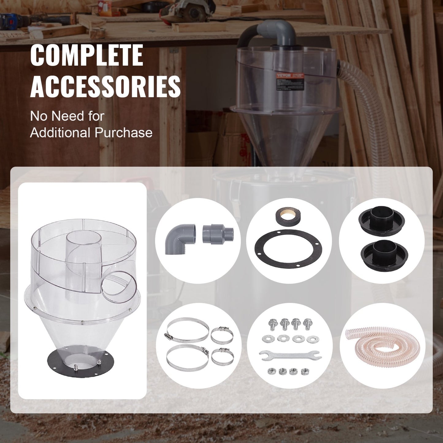 Cyclone Dust Separator, 4" Retrofit Cyclone Separator for Dust Collectors, ABS Dust Deputy With 2" Hole O.D. Connector & Hose for Wet/Dry Shop Vacuums, Fits 18.9-37.85L Tank (Tank Exclude)