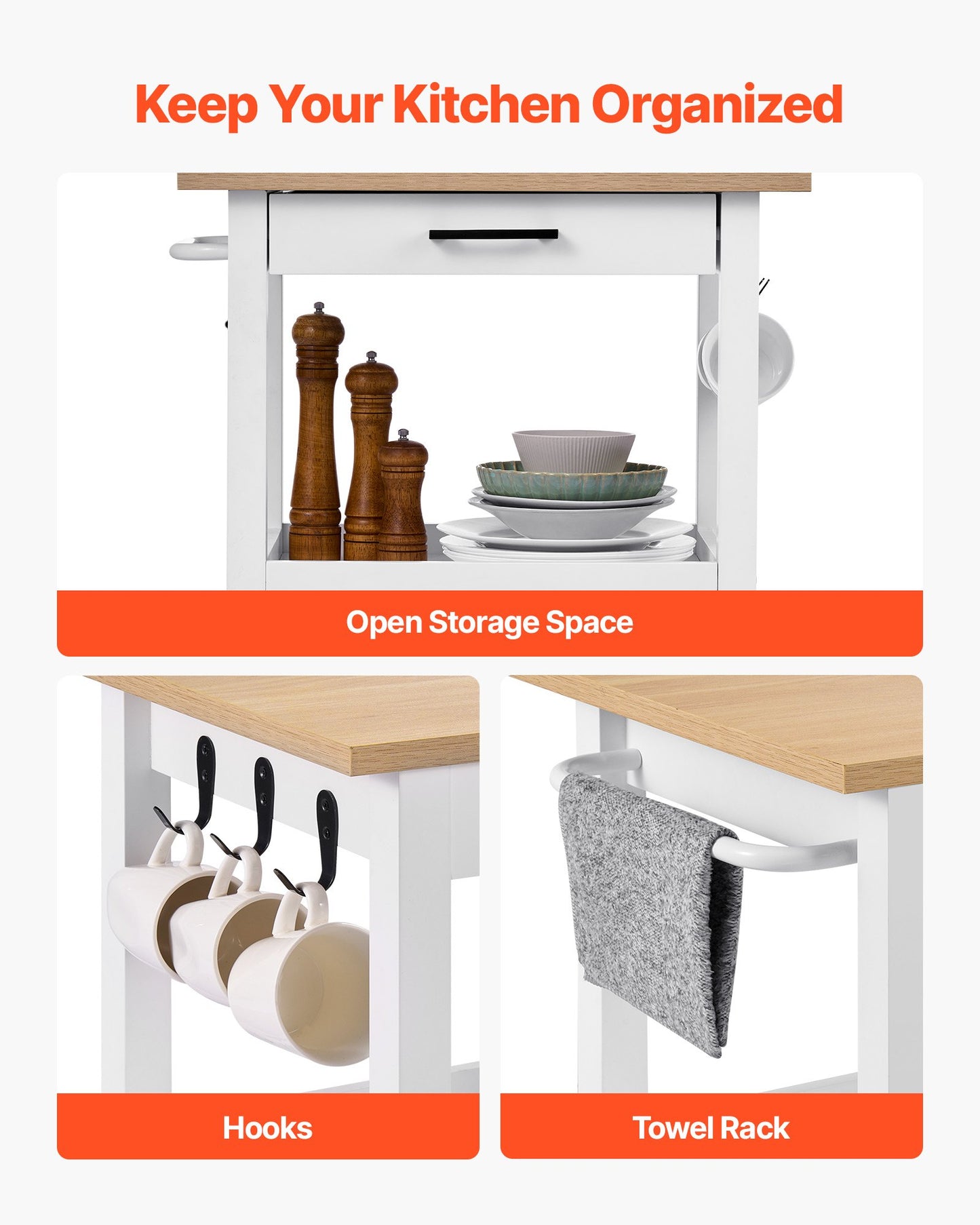 Küchenwagen mit einer Schranktür, fahrbarer Wagen mit Schublade, Handtuchhalter, Haken, tragbarer Tisch auf Drehrollen, kleine Kaffeeinsel mit Mikrowellenständer für Esszimmer, 45 x 59 cm, Weiß