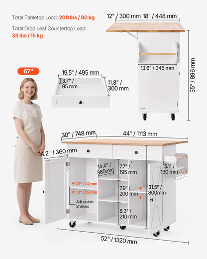 Küchenwagen mit Massivholzplatte und Stauschrank, fahrbarer Tisch mit Klappplatte, Schubladen, Gewürz- und Handtuchhalter, mobile Insel auf Schwenkrollen für Esszimmer, 132 cm breit, weiß