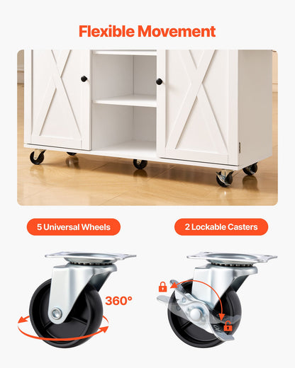 Küchenwagen mit Massivholzplatte und Stauschrank, fahrbarer Tisch mit Klappplatte, Schubladen, Gewürz- und Handtuchhalter, mobile Insel auf Schwenkrollen für Esszimmer, 132 cm breit, weiß