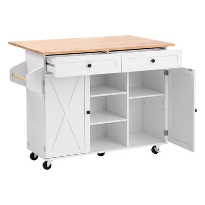 Küchenwagen mit Massivholzplatte und Stauschrank, fahrbarer Tisch mit Klappplatte, Schubladen, Gewürz- und Handtuchhalter, mobile Insel auf Schwenkrollen für Esszimmer, 132 cm breit, weiß