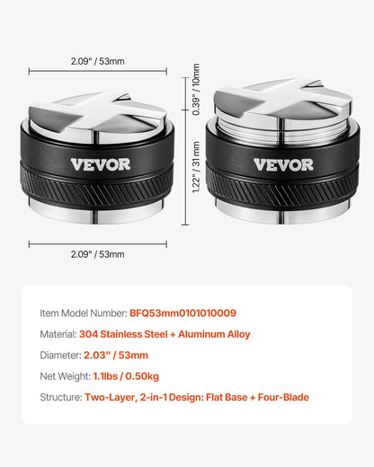 Coffee Distributor 53mm, 2-in-1 Adjustable Espresso Distributor with Fan-Shaped Base, Coffee Distributor 304 Stainless Steel with Easy-to-Disassemble Design