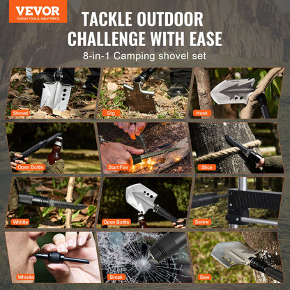 Survival Shovel, 8 in 1 Camping Shovel Folding Multitool, Military Grade Portable Compact Tactical Shovel, Multifunction for Off-Roading, Camping, Hiking, Outdoor, Survivalist and Emergency