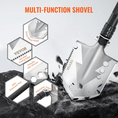 Survival Shovel, 8 in 1 Camping Shovel Folding Multitool, Military Grade Portable Compact Tactical Shovel, Multifunction for Off-Roading, Camping, Hiking, Outdoor, Survivalist and Emergency