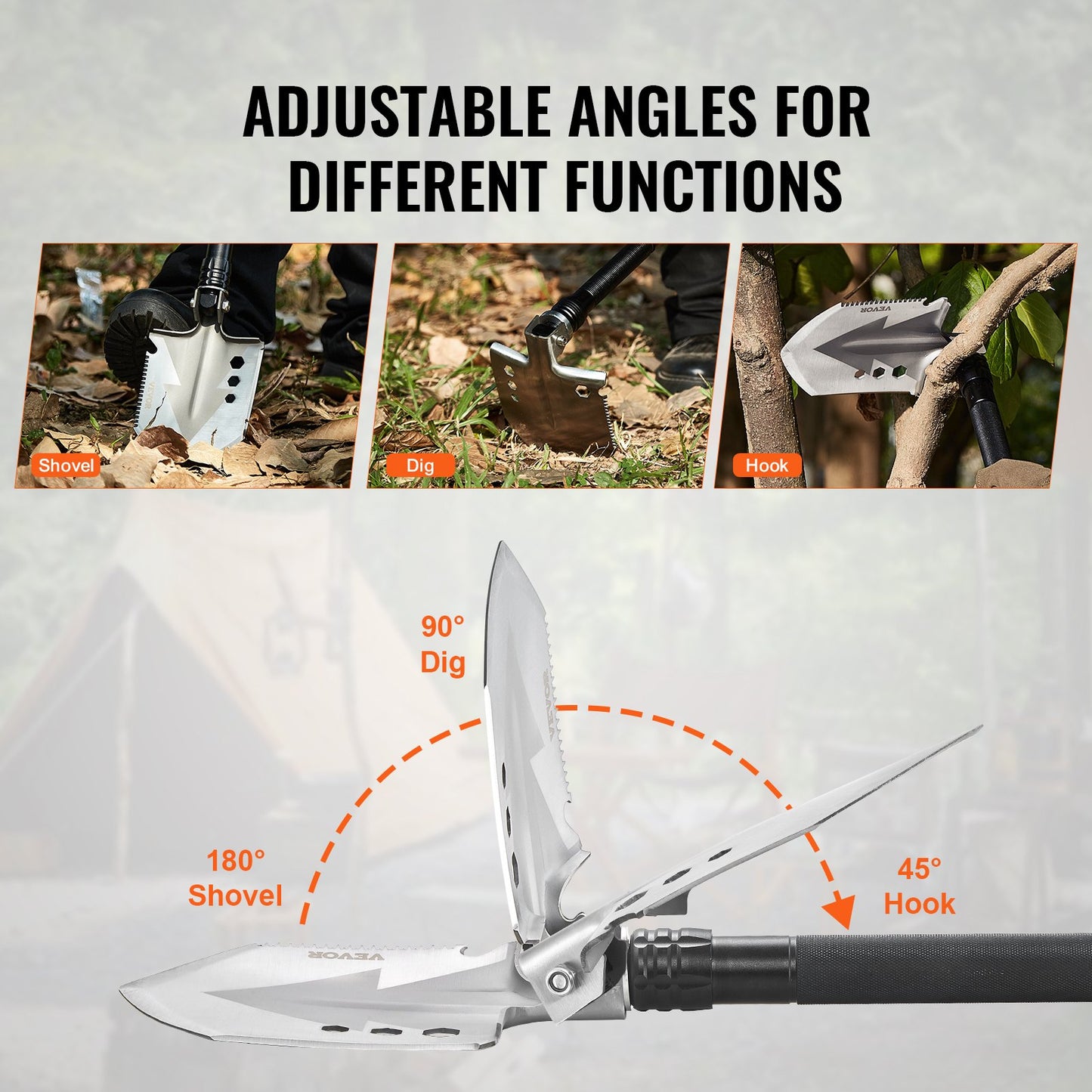 Survival Shovel, 8 in 1 Camping Shovel Folding Multitool, Military Grade Portable Compact Tactical Shovel, Multifunction for Off-Roading, Camping, Hiking, Outdoor, Survivalist and Emergency