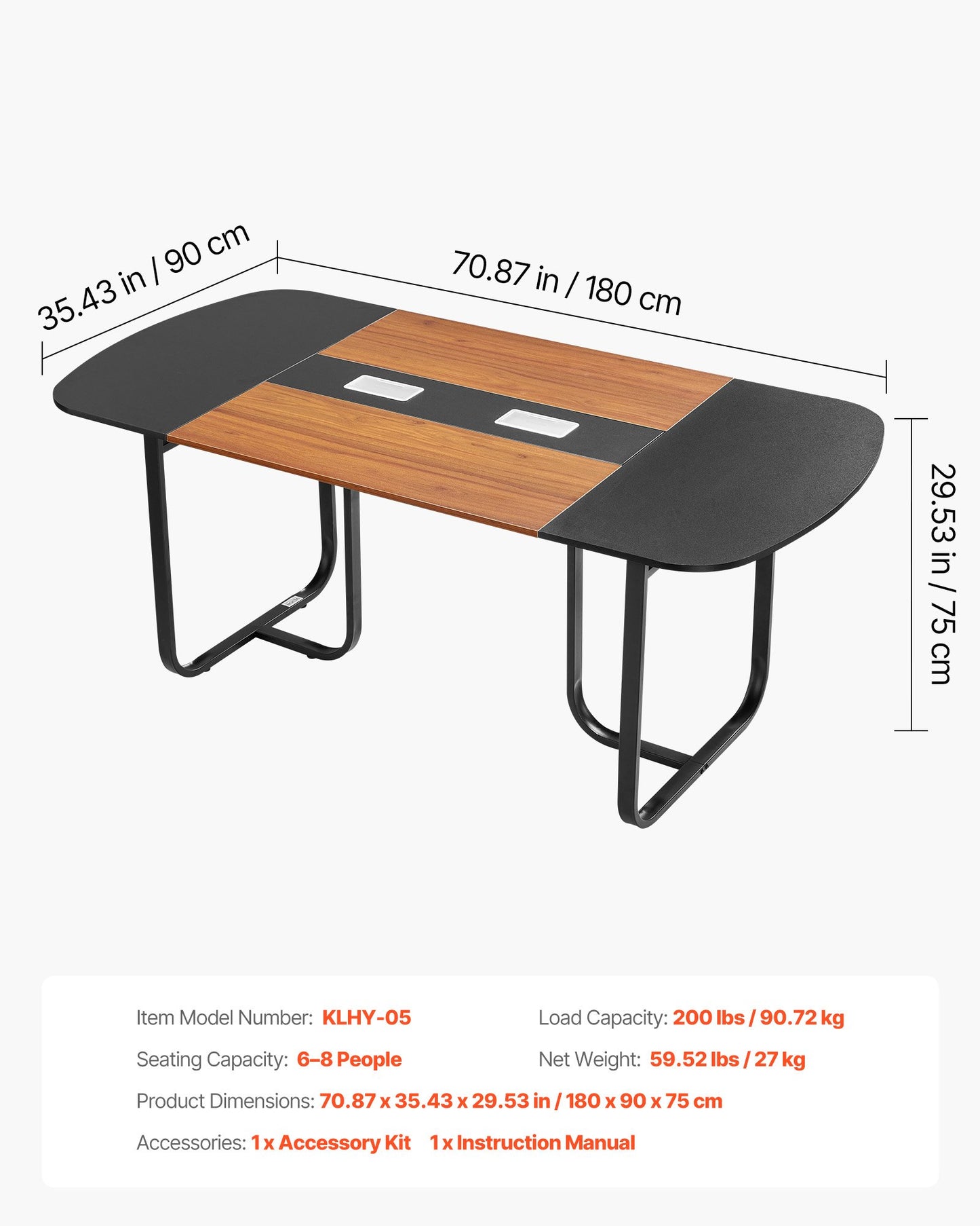 Conference Table, 1800 mm Oval Office Meeting Table for 6-8 Person, Modern Seminar Desk with Metal Legs, Large Meeting Desk for Office, Boardroom, Conference Room, Easy Assembly, Black & Brown