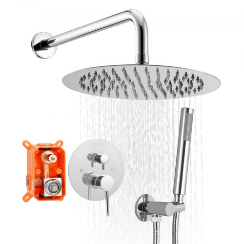 Shower Faucet Set, Rainfall Bathroom Shower System with 10-Inch (25.4cm) Round Rain Shower Head and Handheld Spray, Wall Mounted Bath Fixtures with Brass Valve and Trim Kit, Silver Chrome