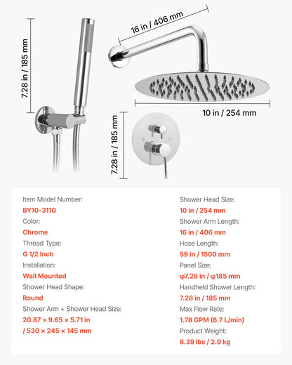 Shower Faucet Set, Rainfall Bathroom Shower System with 10-Inch (25.4cm) Round Rain Shower Head and Handheld Spray, Wall Mounted Bath Fixtures with Brass Valve and Trim Kit, Silver Chrome