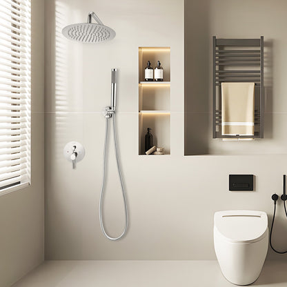 Shower Faucet Set, Rainfall Bathroom Shower System with 10-Inch (25.4cm) Round Rain Shower Head and Handheld Spray, Wall Mounted Bath Fixtures with Brass Valve and Trim Kit, Silver Chrome