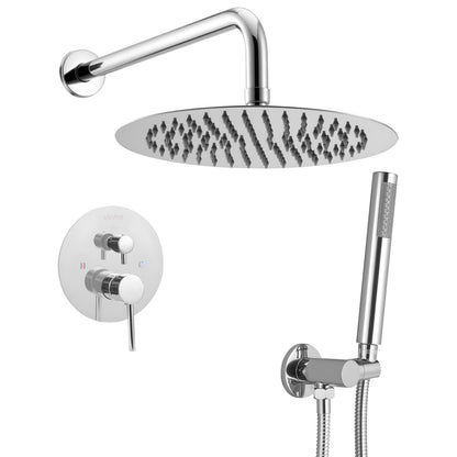 Shower Faucet Set, Rainfall Bathroom Shower System with 10-Inch (25.4cm) Round Rain Shower Head and Handheld Spray, Wall Mounted Bath Fixtures with Brass Valve and Trim Kit, Silver Chrome