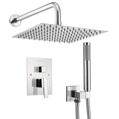 Shower Faucet Set, Rainfall Bathroom Shower System with 10-Inch (25.4cm) Square Rain Shower Head and Handheld Spray, Wall Mounted Bath Fixtures with Brass Valve and Trim Kit, Silver Chrome