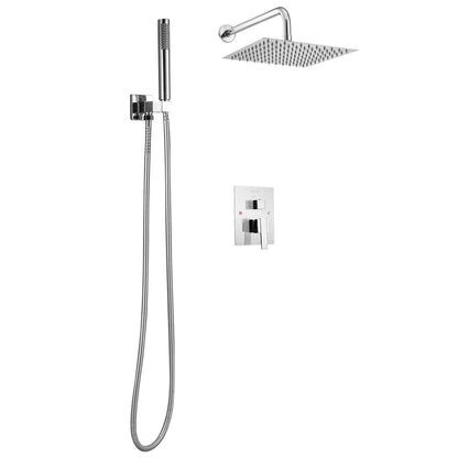 Shower Faucet Set, Rainfall Bathroom Shower System with 10-Inch (25.4cm) Square Rain Shower Head and Handheld Spray, Wall Mounted Bath Fixtures with Brass Valve and Trim Kit, Silver Chrome