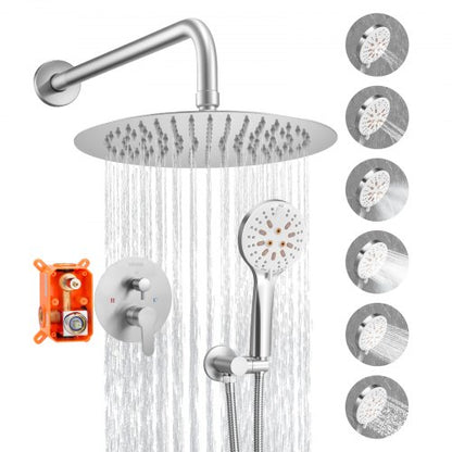 Shower Faucet Set, Rainfall Bathroom Shower System with 10-Inch (25.4cm) Round Rain Shower Head and Handheld Spray, Wall Mounted Bath Fixtures with Brass Valve and Trim Kit, Brushed Nickel