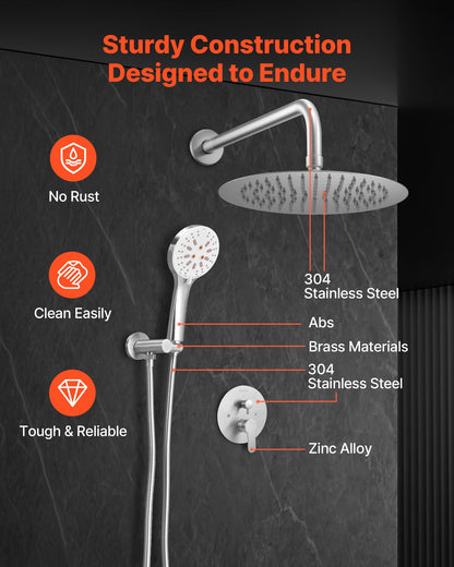Shower Faucet Set, Rainfall Bathroom Shower System with 10-Inch (25.4cm) Round Rain Shower Head and Handheld Spray, Wall Mounted Bath Fixtures with Brass Valve and Trim Kit, Brushed Nickel